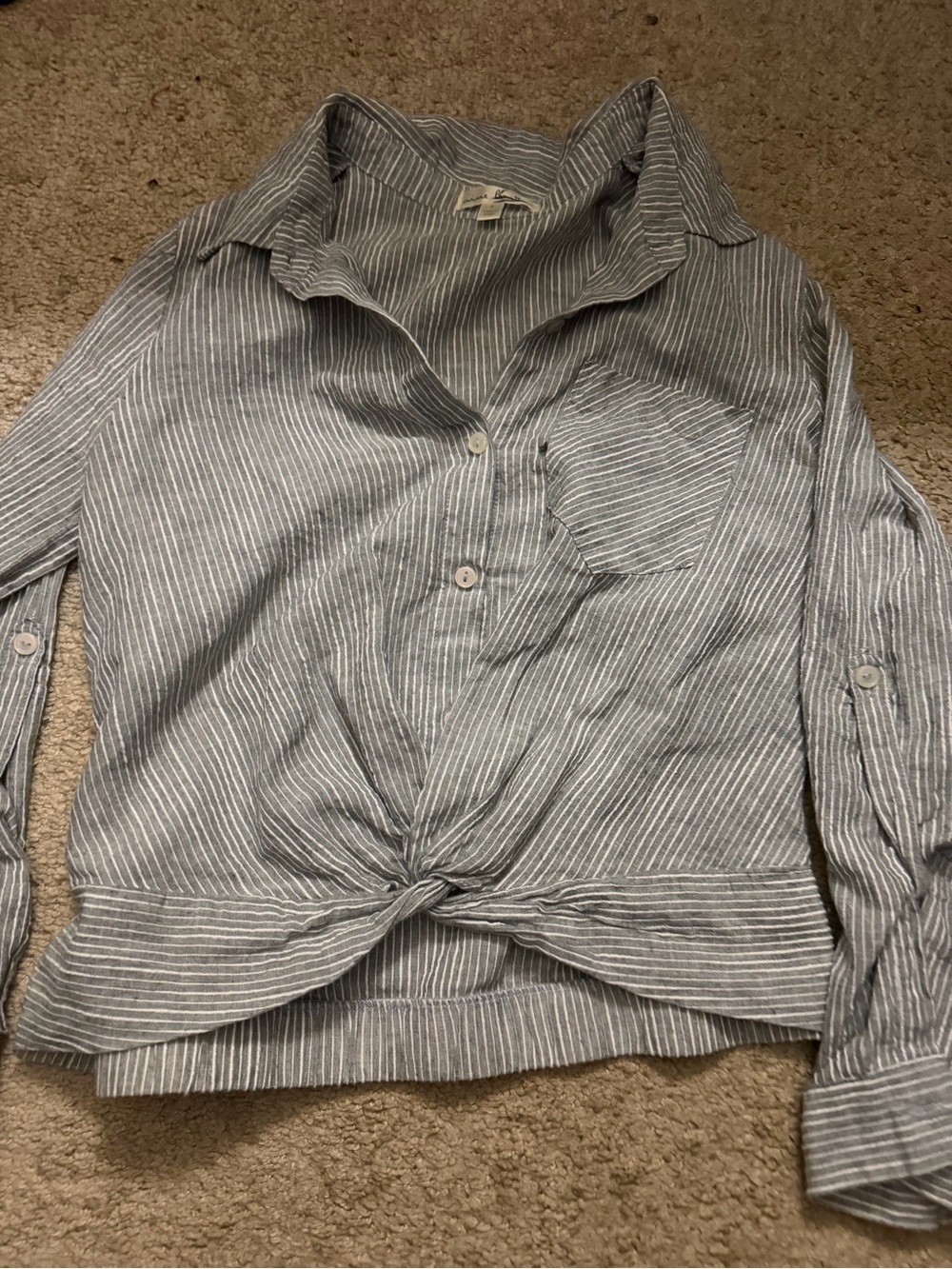 nine britton Gray and White Striped Button-Front Tie Hem Blouse